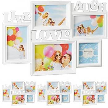 Set de 4 Marcos de Fotos Múltiples Colgantes Live Love Laugh en Plástico Blanco, para 5 Fotos en Diferentes Tamaños, Dimensiones 31 x 45.5 x 2 cm
