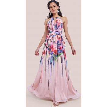 Blush Floral Chiffon Halter Maxi Dress
