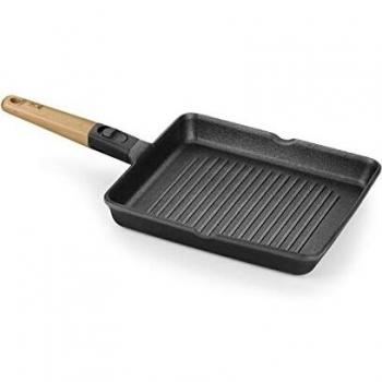 Plancha Grill con Rayas de Aluminio Fundido, Revestimiento Antiadherente, Apta para Inducción y Horno, 28cm, Madera de Haya - BRA Market