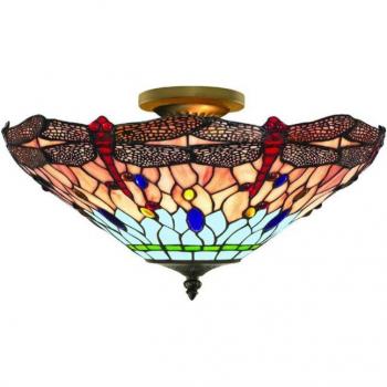 Lámpara de techo Tiffany Dragonfly con estructura de latón envejecido, colores rojo y azul, fabricada en cristal estilo Tiffany, diseñada para 3 bombillas E14 con un diámetro de 25 cm