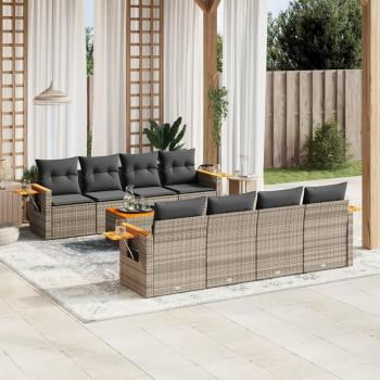 Set de muebles de jardín 9 pzas con cojines de ratán sintético gris