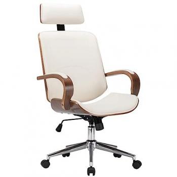 Silla de Oficina con Reposacabezas de Madera y Cuero Sintético en Color Crema