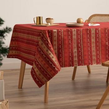 Mantel Navidad Rectangular Jacquard Rojo 140x240 cm con Hilo Dorado para Decoración Navideña