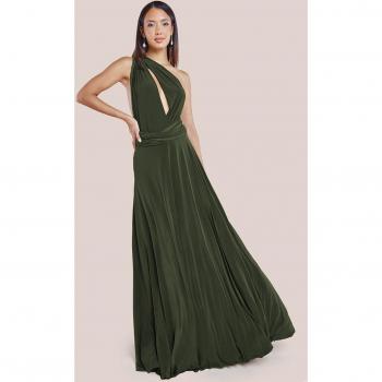 Goddiva Multiway Tie-Up Maxi Dress - Olive - Size 14 UK