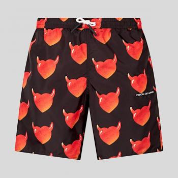 Vision Of Super Men's Multicolor Heart Print Swim Shorts Black/Red Size M