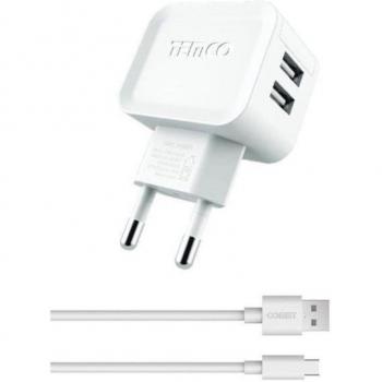 Pack Cargador Dual USB 2.4A + Cable USB-C 2A 1m Blanco