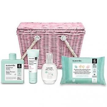 SUAVINEX Canastilla Cosmética De Bebé Con Cesta De Mimbre. Incluye: Baby Cologne 100ml, Gel Champú Syndet 300ml, Pomada Intensiva Pañal 75ml, Toallitas Dermohidratantes 25 Uds. color Rosa