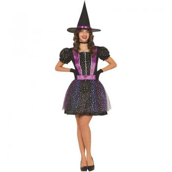Disfraz de Bruja Estrellado para mujer Guirca con vestido negro y morado, capa larga, sombrero puntiagudo y detalles brillantes