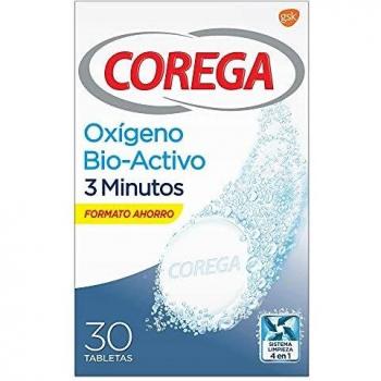 Corega, Oxígeno Bioactivo, Tabletas Limpiadoras para Prótesis Dentales, 3 Minutos, 30 Tabletas