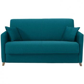 Sofá cama nórdico 2-3 plazas azul petróleo con madera clara y colchón de 13 cm SKANDY