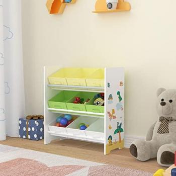 Estantería Infantil Organizador de Juguetes Boiro 3 Niveles con Motivo de Dinosaurio y 9 Cajas Plegables Aglomerado/Poliéster 60 x 62 x 30 cm Multicolor