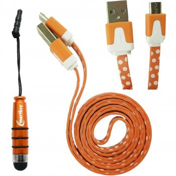 Emartbuy® Lunares Range Duo Paquete para Xoro PAD 10W6 Windows Convertible Tablet PC 10.6 Inch - Naranja Lápiz Óptico Metálico + Lunares Naranja / Blanco Flat Anti-Tangle Micro USB Sync Transfer Data & Cargador Cable
