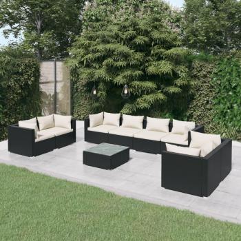 vidaXL 9 Piece Black Poly Rattan Garden Lounge Set with Cushions