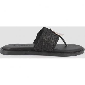 Sandalias planas de mujer de piel tipo chancla en negro