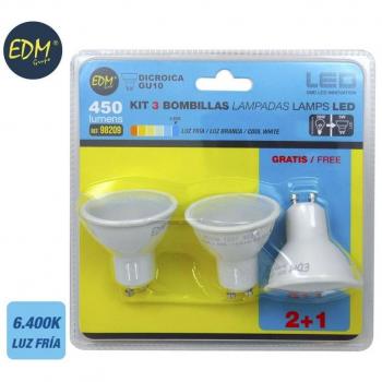 Kit 3 bombillas LED GU10 5W 6400K luz fría apertura 120º EDM 98209