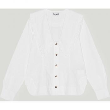 Ganni Frill Collar Maxi Shirt - Bright White - Size 38