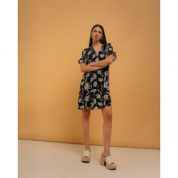 Vestido Silueta A Manga Larga Escote Pico Estampado Floral