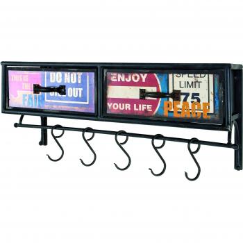 Haku Perchero de pared de metal en aspecto vintage con 2 cajones y barra de perchero con 5 ganchos, montado, 27954