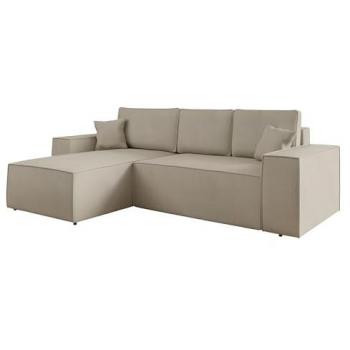 Sofá rinconero Clovis 108, color marrón claro, con función de descanso y caja de ropa de cama, dimensiones 279 x 181 x 94 cm