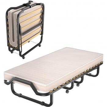 Cama Plegable Individual Costway con Colchón de Espuma de Memoria, Estructura Metálica Portátil, Ruedas, Dimensiones 90 x 200 x 41 cm