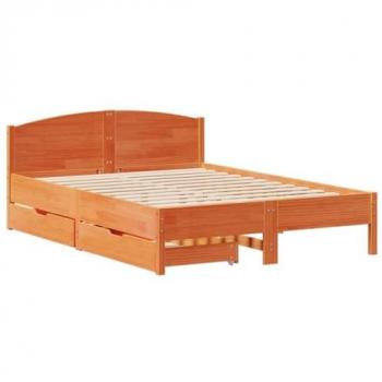 Cama sin colchón de madera maciza de pino en color marrón con acabado en cera, dimensiones 120x200 cm
