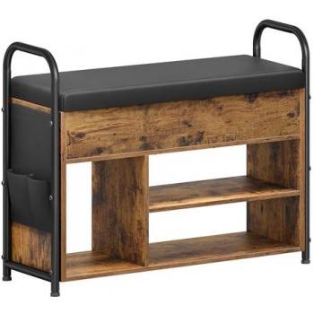 Banco Zapatero con Almacenamiento Interior, Mueble de Entrada, Bolsillos de PU, Asas Cómodas, diseño Marrón Rústico y Negro Tinta, dimensiones 30x80.6x62.5 cm