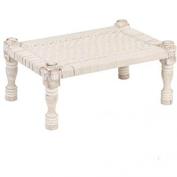 Banqueta 67 x 46 x 27 cm Madera Cuerda Blanco Envejecida de Macramé de Madera de Mango