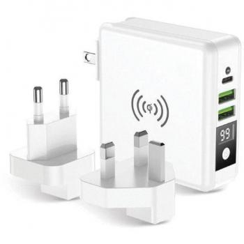 Cargador Multifunción 4 en 1 Forcell Blanco (2x USB 3A, 1x USB-C, Power Bank Integrado de 8000mAh, Carga Inalámbrica Qi Quick Charge