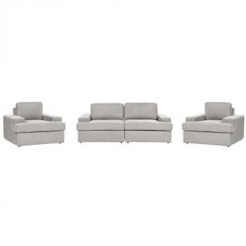 Conjunto de sofá clásico 5 plazas tapizado en tela gris claro con sillón y respaldo grueso acolchado