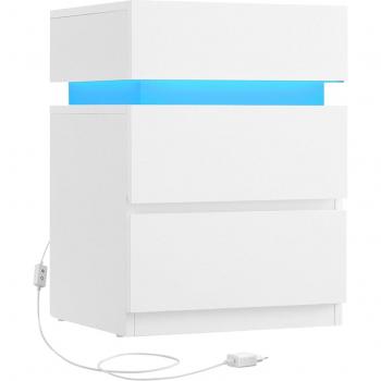 Mesita de Noche con Luz LED Multicolor, 3 Cajones, Estilo Moderno, Mesa Auxiliar de 35 x 40 x 55 cm en Blanco o Negro con Veta de Madera