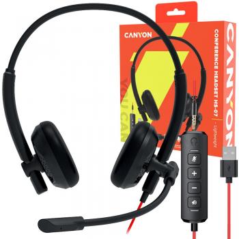 Auriculares con micrófono Canyon HS-07, conexión 3.5mm/USB, cable plano de 2.8m, color negro