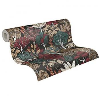 Floral Impression Non-Woven Wallpaper - Jungle Botanical Design, Black and Colorful Floral Pattern, 0.53 x 10.05 m