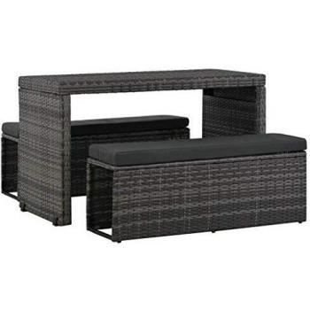 3-Piece Grey Poly Rattan Outdoor Dining Set with Cushions
