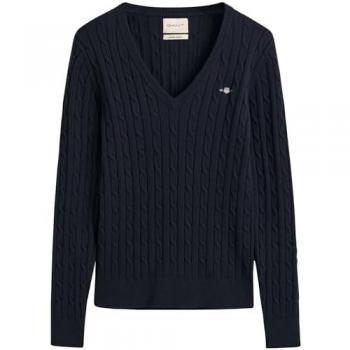 Jersey de punto de ochos para mujer Gant en algodón elástico marino, cuello en pico, talla XXL, casual, manga larga