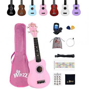 Winzz Ukelele Soprano Starter Kit para Principiante. Incluye: Funda, Afinador, Cuerdas Extra, Correa Ajustable, Púas, Pegatinas de notas, Guía de Acordes y Paño de pulido. Color: Rosa