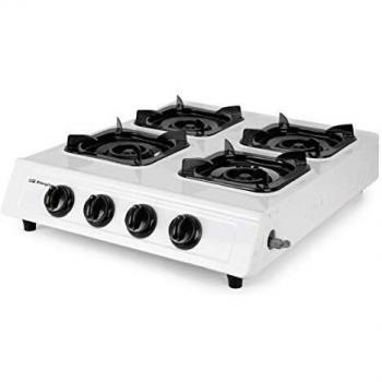 Orbegozo FO 4000 - Hornillo a gas, gas butano o propano, encendido piezoeléctrico, cuatro quemadores triple corona, uso exterior, antideslizante, blanco y negro