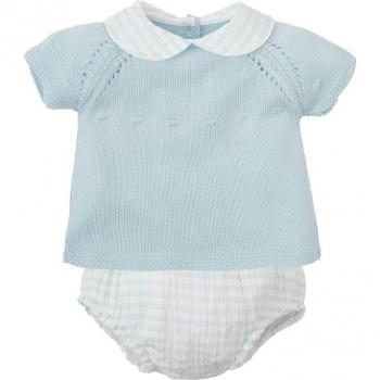 Conjunto de bebé niño en color celeste en tricotosa y tejido de rayas