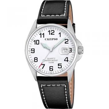 Reloj Calypso Basic K5870/1 Blanco Hombre, Caja de Acero Inoxidable 316L Plateado, Correa de Piel Negro