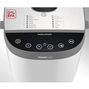 Panificadora Morphy Richards Home Bake 600 W, 600 W de potencia, capacidad para hacer pan de hasta 1.5 kg, 12 programas automáticos, función de temporizador de hasta 13 horas, pantalla LCD, pala