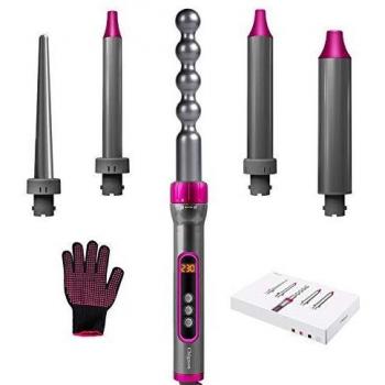 Chignon Rizador de Pelo,Tenacillas Pelo,5 en 1 Planchas Rizadoras Profesional Set con Revestimiento Cerámico,Rizador Pelo Multifunción con Pantalla LCD,Temperatura Ajustable,Barras Recambiable