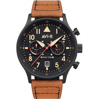 AVI-8 Carey Dual Time Men's Quartz Watch with Leather Strap 44mm 5ATM