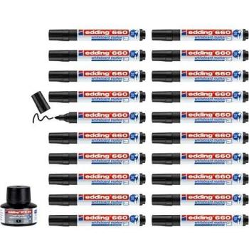 Edding 660 marcador para pizarras blancas - negro - caja con recarga de 20 rotuladores - punta redonda 1.5-3mm - borrado en seco - pizarras blanca, flipchart, tablón de notas - recargable