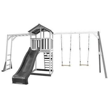 Torre de Juegos AXI Beach Tower con Klettergerüst, Doppelschaukel y Rampa Gris - Casa de Madera para Niños