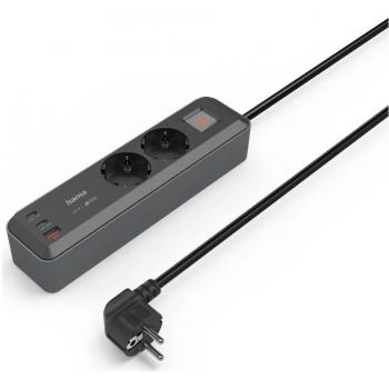 Regleta Hama 2 Enchufes USB-C/A 65W PD Interruptor 1,4 M Negro/gris