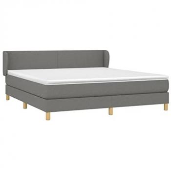 Cama box spring con colchón tapizado en tela gris oscuro, tamaño 180x200 cm, estructura de muelles ensacados, acolchado reversible y funda protectora