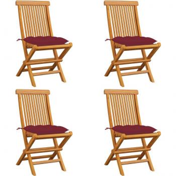 Sillas de jardín con almohadas vino tinto 4 piezas Teak Massello