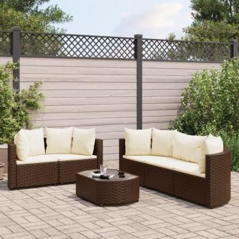 6-Piece Brown Poly Rattan Garden Sofa Set with Cushions