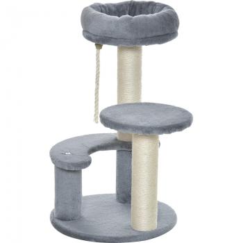PawHut Árbol Rascador para Gatos con 3 Niveles, Cuerda Colgante, Plataformas de Felpa y Postes Revestidos en Cuerda de Sisal Natural