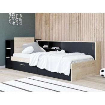 Cama 90 x 200 con compartimentos - Negro y Natural + Somier - LIARA