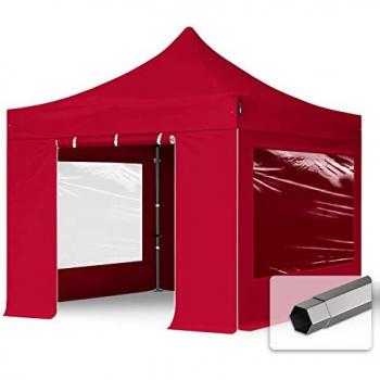 Carpa Plegable 3x3m Premium Acero 40mm con Laterales y Ventanas Panorámicas, Roja